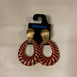 Vintage Rainbow Red Gold Tone Hoop Earrings 2” Post Dangle Retro Jewelry